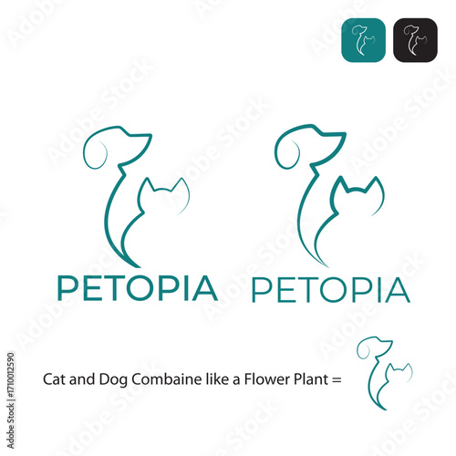 Cat and Dog combine like a flower plant, the Petopia logo for a Pet Care & Accessories company. A fun brand that sells pet food, toys, and grooming products.