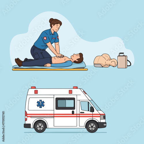 A cpr training demonstration with a rescuer performing chest compressions, a training mannequin and a parked ambulance for emergency response education