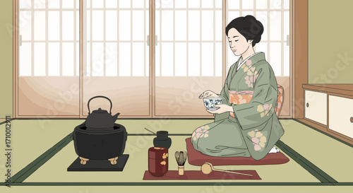 A serene depiction of a traditional Japanese tea ceremony featuring a woman in a kimono preparing matcha tea in an authentic tatami room setting