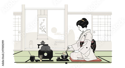 A serene illustration depicting a traditional japanese tea ceremony with a geisha preparing matcha in a minimalist tatami room for cultural and lifestyle designs