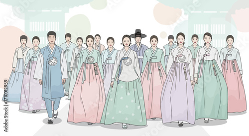A vibrant illustration of people wearing traditional Korean Hanbok clothing in pastel colors standing against a backdrop of traditional Korean architecture, evoking cultural heritage