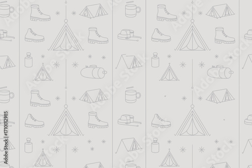 Pattern featuring camping gear illustrations including tents boots and camping equipment on a light background