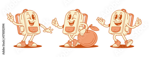 Happy cool schoolbag backpack cartoon character set isometric vector illustration. Smiling comic school bag pupil education mascot peace okay ok gesture thumb up with apple