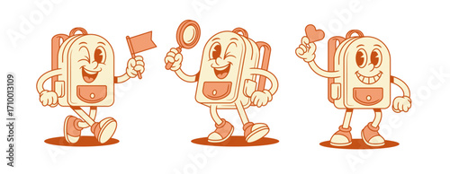 Smiling comic schoolbag backpack cartoon character set isometric vector illustration. Happy positive school bag pupil education minimalist mascot with flag magnifying glass heart love like