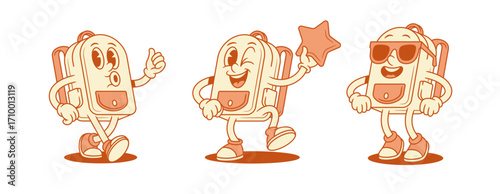 Cool cheerful schoolbag backpack cartoon character set isometric vector illustration. Funny smiling school bag pupil education minimalist mascot thumb up recommend in sunglasses with star