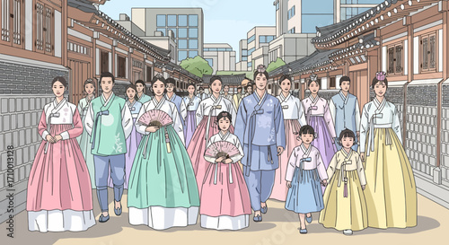 A vibrant illustration showcasing a group of people in traditional Korean hanbok attire walking through a historic village street reflecting cultural heritage and familial connections