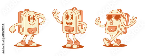 Cute positive schoolbag backpack cartoon character set isometric vector illustration. Smiling cheerful school bag pupil education minimalist mascot searching hi hello greeting in sunglasses