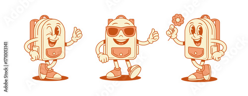 Cheerful cool schoolbag backpack cartoon character set isometric vector illustration. Smiling funky school bag pupil education studying in sunglasses thumb up with chamomile flower