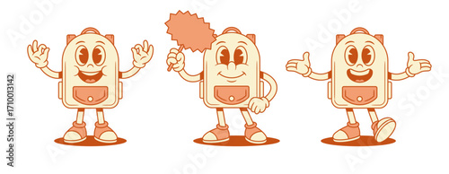Smiling cute schoolbag backpack cartoon character set isometric vector illustration. Happy adorable school bag pupil education minimalist mascot greeting welcome okay ok signboard promo announcement