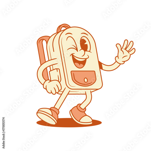 Happy comic schoolbag backpack cartoon character hi hello isometric vector illustration. Smiling positive school bag pupil education minimalist mascot having fun winked greeting welcome
