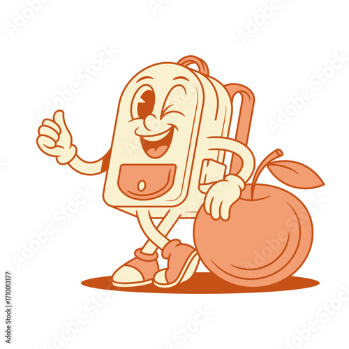 Smiling schoolbag backpack cartoon character with apple isometric vector illustration. Happy comic school bag pupil studying education minimalist mascot healthy food vitamin fruit knowledge