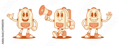 Smiling cute schoolbag backpack cartoon character set isometric vector illustration. Happy cheerful school bag pupil studying minimalist mascot hi hello greeting presenting advertising megaphone