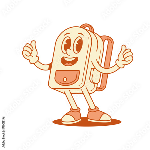 Comic cute schoolbag backpack cartoon character thumb up isometric vector illustration. Funny smiling school bag pupil learning education minimalist mascot cool good best recommend gesture