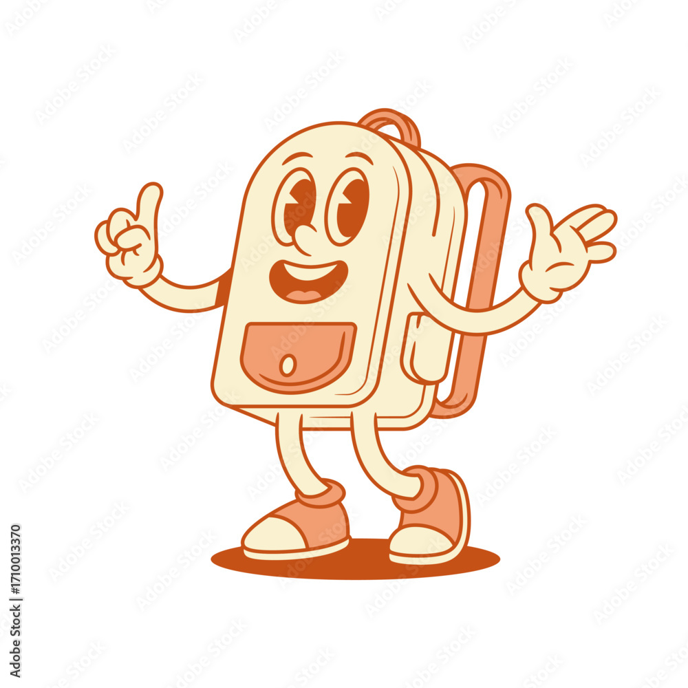 Fototapeta premium Funky cheerful schoolbag backpack cartoon character idea gesture isometric vector illustration. Adorable smiling school bag pupil education minimalist mascot innovation invention attention gesturing