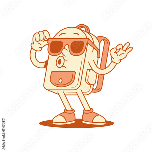 Funny cool schoolbag backpack cartoon character okay gesture isometric vector illustration. Cheerful school bag pupil education studying minimalist mascot in sunglasses ok good gesturing