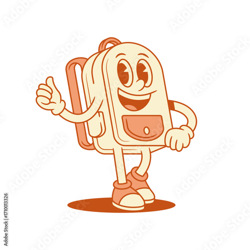 Smiling comic schoolbag backpack cartoon character thumb up isometric vector illustration. Happy cheerful school bag pupil education learning minimalist mascot cool good recommend positive emotion