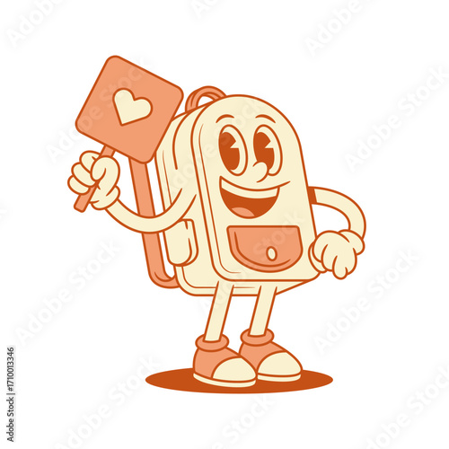 Funky smiling schoolbag backpack cartoon character like signboard isometric vector illustration. Happy comic back to school bag education minimalist mascot with heart love board