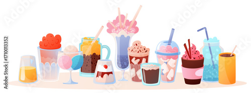 Set of different types of drinks and desserts. Hot and cold coffee drink, ice cream, creamy desserts, lemonades. Espresso, tea, latte, americano, cappuccino in horizontal vector composition