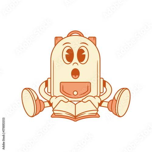 Astonished schoolbag backpack cartoon character reading book isometric vector illustration. Surprised shocked school bag pupil studying education minimalist mascot learning literature textbook