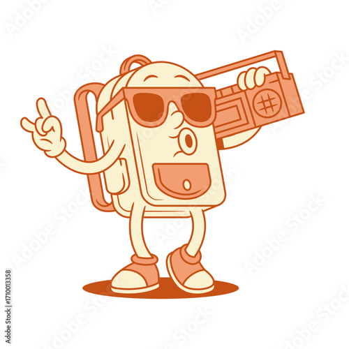 Cool schoolbag backpack cartoon character retro music player isometric vector illustration. Funky comic school bag pupil education minimalist mascot in sunglasses disco party audio musical sound