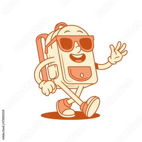 Cool smiling schoolbag backpack cartoon character isometric vector illustration. Happy cheerful school bag pupil education minimalist mascot walking in sunglasses greeting hi hello waving hand