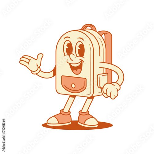 Cheerful cute schoolbag backpack cartoon character presenting isometric vector illustration. Smiling happy school bag pupil education minimalist mascot showing presentation promo