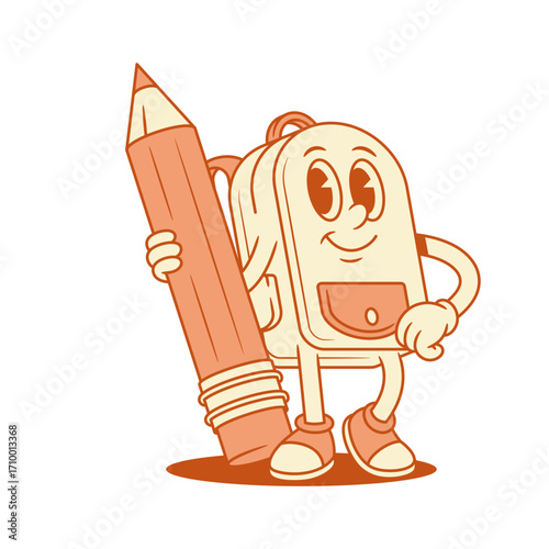 Tiny smiling schoolbag backpack cartoon character with pencil isometric vector illustration. Cheerful cute school bag pupil education minimalist mascot studying drawing writing stationery