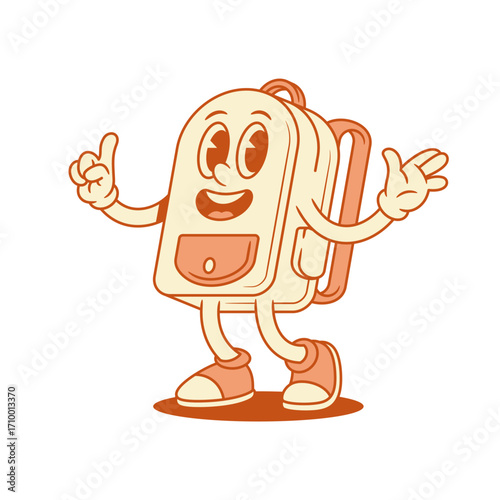 Funky cheerful schoolbag backpack cartoon character idea gesture isometric vector illustration. Adorable smiling school bag pupil education minimalist mascot innovation invention attention gesturing