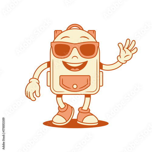 Smiling schoolbag backpack cartoon character in sunglasses isometric vector illustration. Happy cool school bag pupil education minimalist mascot in eyeglasses waving hand greeting hi hello welcome
