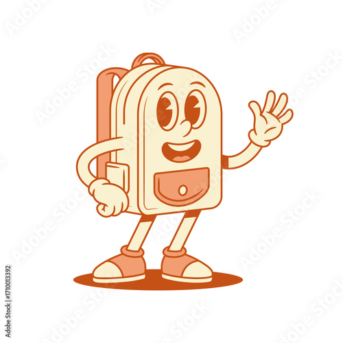Funny smiling schoolbag backpack cartoon character waving hand isometric vector illustration. Happy cheerful school bag pupil education studying minimalist mascot hi hello greeting positive emotion