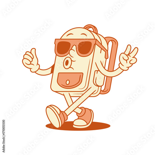 Cool funky schoolbag back to school cartoon character walking isometric vector illustration. Cheerful funny backpack bag pupil studying education minimalist mascot in sunglasses with peace gesture