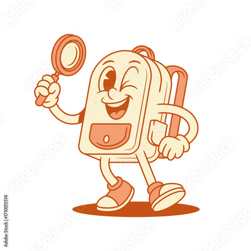 Comic schoolbag back to school cartoon character with magnifying glass isometric vector illustration. Smiling backpack bag pupil education minimalist mascot science learning searching knowledge
