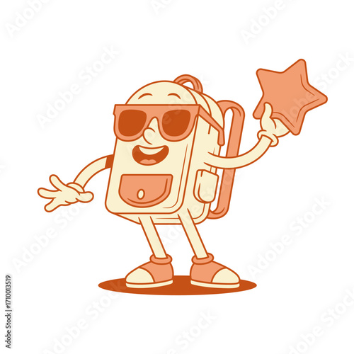 Cool schoolbag back to school cartoon character with star isometric vector illustration. Funky comic backpack bag pupil studying education minimalist mascot in stylish summer sunglasses