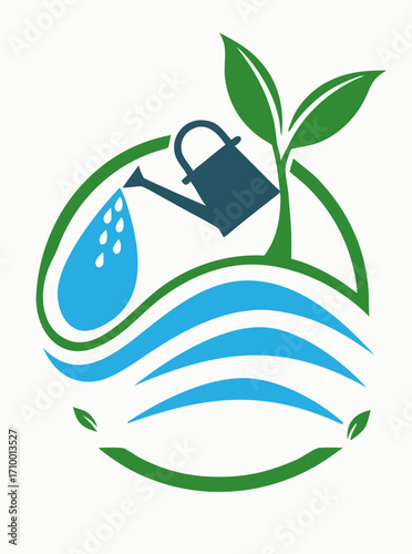 Logo concept for agribusiness: water droplet, leaf and wave, symbolizing smart irrigation and ecological balance