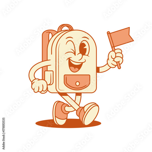 Funny schoolbag back to school cartoon character with flag isometric vector illustration. Happy smiling backpack bag pupil studying minimalist mascot walking with attention sign positive emotion