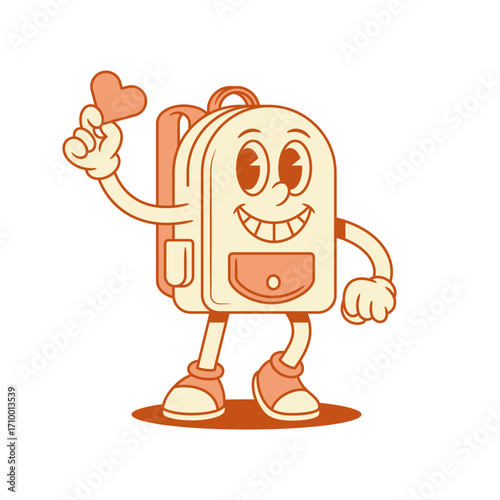 Smiling schoolbag back to school cartoon character with heart isometric vector illustration. Happy cheerful backpack bag pupil studying minimalist mascot with love like amor symbol