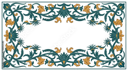 Ornate floral frame with decorative foliage and blossoms in teal and gold for invitation card designs, wedding stationery, greeting cards, and elegant graphic projects