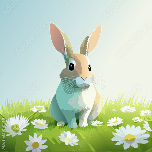 3D Kaninchen, auf grüner Wiese, Frühlingsblumen, weiches Licht, fotorealistisch, niedlich