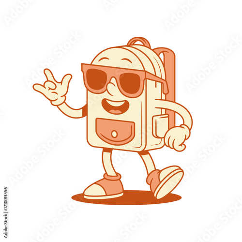 Cool schoolbag back to school cartoon character in sunglasses isometric vector illustration. Funky comic backpack bag pupil education studying minimalist mascot in summer eyeglasses rock gesture