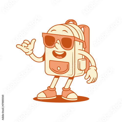 Cheerful schoolbag back to school cartoon character relax isometric vector illustration. Funky comic cool backpack bag pupil education minimalist mascot in sunglasses walking surf gesture
