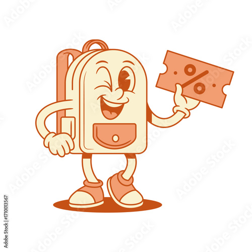 Comic schoolbag back to school cartoon character shopping sale isometric vector illustration. Funky smiling backpack bag pupil studying minimalist mascot shop store discount Black Friday