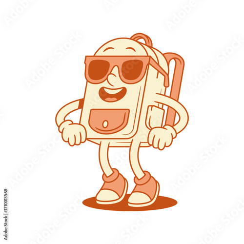 Funky cool schoolbag back to school cartoon character in sunglasses isometric vector illustration. Smiling happy backpack bag pupil education studying minimalist mascot in stylish summer eyeglasses