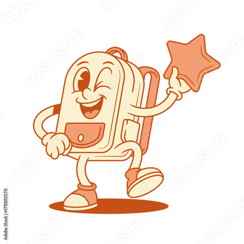 Comic schoolbag back to school cartoon character with star isometric vector illustration. Funky smiling backpack bag pupil studying education minimalist mascot happy dancing best rate evaluation