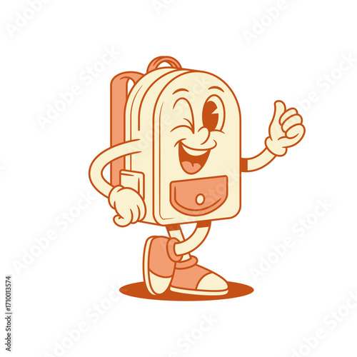 Cheerful schoolbag back to school cartoon character thumb up isometric vector illustration. Smiling funny backpack bag pupil studying education minimalist mascot winked showing cool recommend good