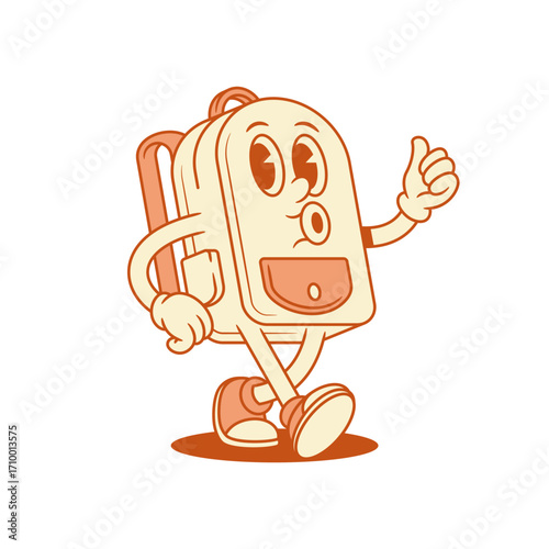 Funny schoolbag back to school cartoon character walking isometric vector illustration. Cheerful comic backpack bag pupil studying education minimalist mascot whistling cool thumb up good recommend