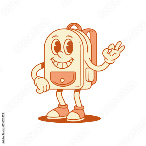 Smiling schoolbag back to school cartoon character okay isometric vector illustration. Happy cheerful comic backpack bag pupil studying education minimalist mascot ok good gesture positive emotion