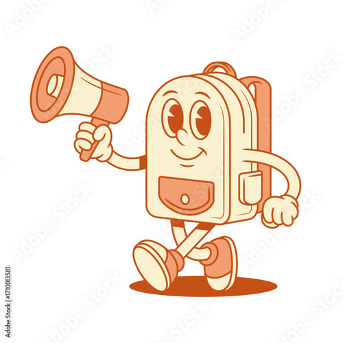Cheerful schoolbag back to school cartoon character with megaphone isometric vector illustration. Smiling cute backpack bag pupil education minimalist mascot walking with bullhorn advertising promo