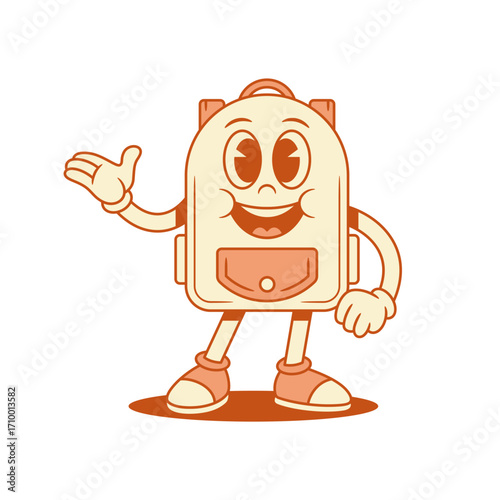Funny cute schoolbag back to school cartoon character welcome isometric vector illustration. Happy smiling backpack bag pupil studying minimalist mascot hi hello friendly greeting positive emotion