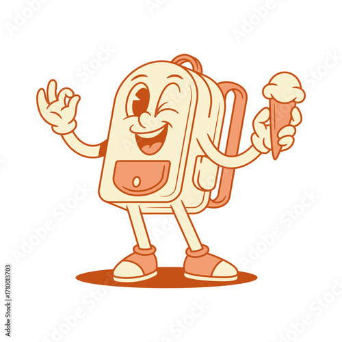 Smiling schoolbag back to school cartoon character with ice cream isometric vector illustration. Happy winked backpack bag pupil studying minimalist mascot eating summer dairy refreshment dessert