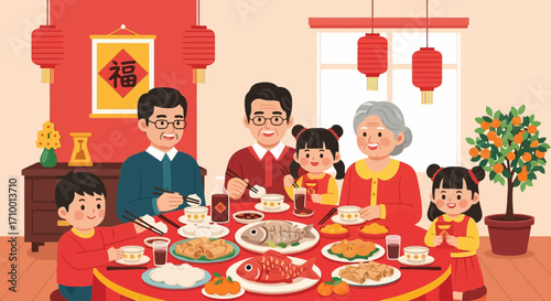 A vibrant illustration of a multi-generational chinese family celebrating the lunar new year with a traditional reunion dinner filled with festive decorations